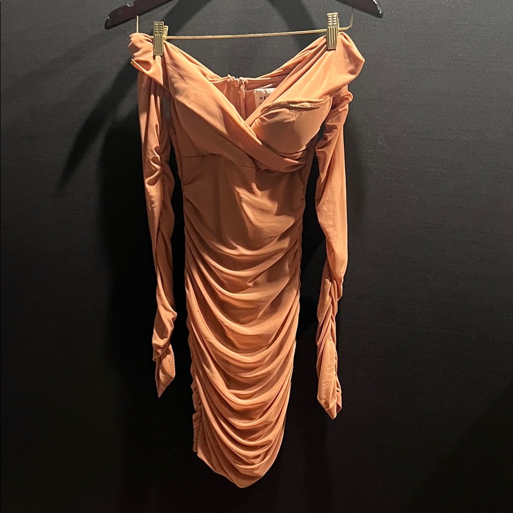Hello Molly Peach Long Sleeve Ruched Dress Off Shoulder XS